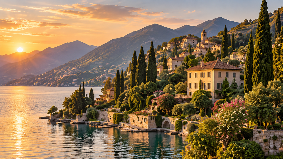 Lake Como scenic landscape, a Mediterranean coastal town perched on mountains beside a calm lake at sunset, with golden light reflecting on the water, tall cypress trees and cream coloured buildings.