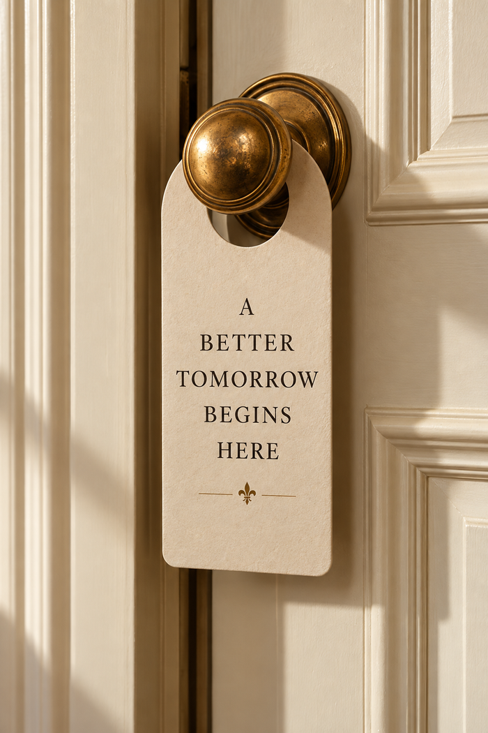 A beige paper motivational quote with black text reading 'A BETTER TOMORROW BEGINS HERE' hanging from a brass doorknob on a cream-coloured panelled door.