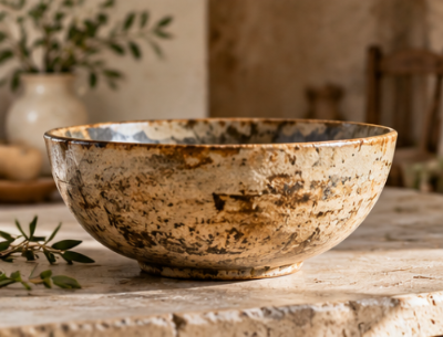 A handmade ceramic bowl with a textured, distressed finish in earthy beige, brown, and black tones, displayed on a rustic stone surface with a blurred background.
