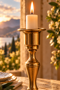 A lit white pillar candle in a polished brass or gold-toned metal holder, set on a table with a warm outdoor sunset background and blurred flowers.