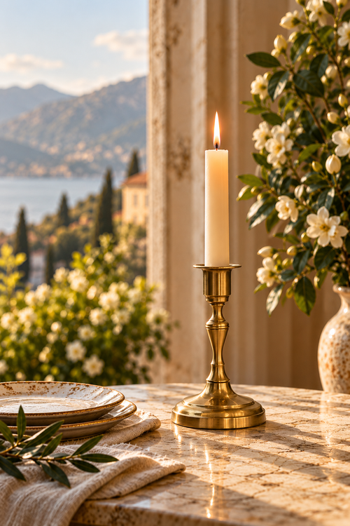 A brass candlestick with a lit white taper candle sits on a marble table, with plates, greenery, and a floral arrangement beside it. A scenic outdoor terrace with water, trees, and mountains is visible in the background.