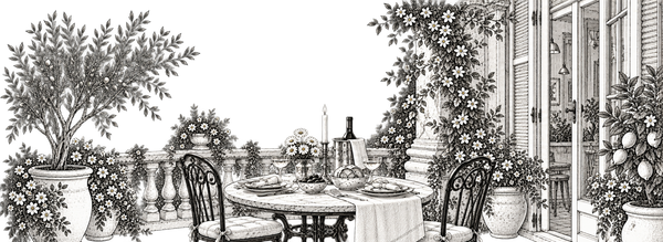Black and white illustration of a Lake Como scene with a dining table set for four, chairs, potted plants, flowers, and a bottle on a table runner.