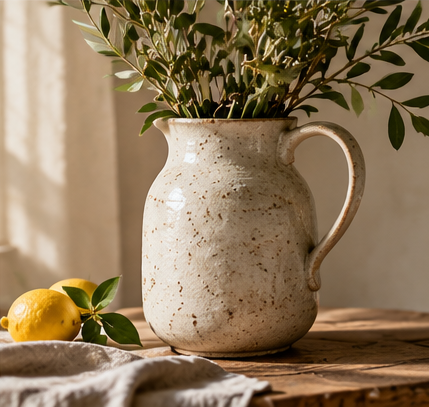 A rustic ceramic pitcher vase filled with green leafy branches, set on a wooden table with lemons and a linen cloth nearby in a warm, softly lit interior.