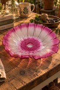A large flower-shaped ceiling light with a pink and white gradient, displayed on a rustic wooden table in a garden setting.