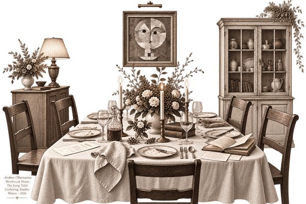 A sepia-toned interior scene  of Westbrook House showing a fully set dining table with chairs, a floral centerpiece, candles, plates, books, a sideboard with a lamp and flowers, a framed face painting on the wall, and a glass-front hutch with decorative objects. The scene appears to be a styled room scene rather than a single isolated product shot.