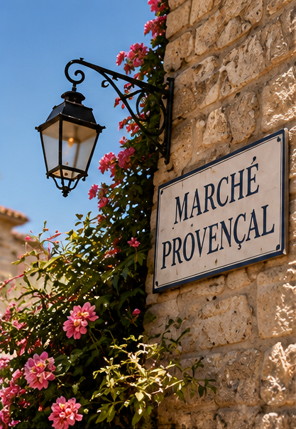 Provençal markets or markets of Provence have become one of the regional emblems of Provence-Alpes-Côte d'Azur. A white rectangular street sign reading “MARCHÉ PROVENÇAL” mounted on a beige stone wall, with pink flowers and green vines climbing up beside it and a black wrought-iron wall lamp to the left.