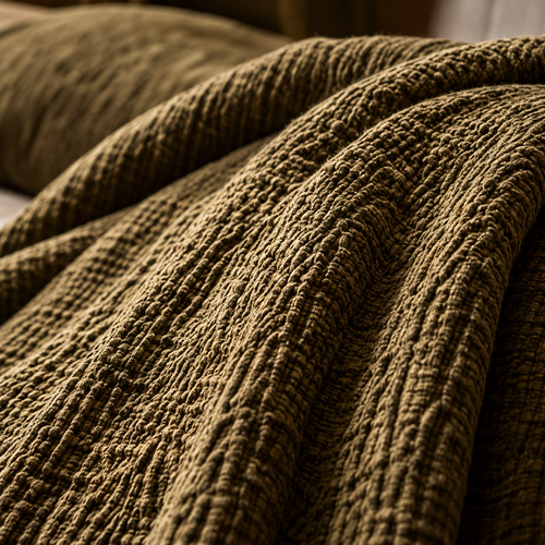 A closeup of a textured olive green woven blanket with a ribbed pattern, draped in soft folds.
