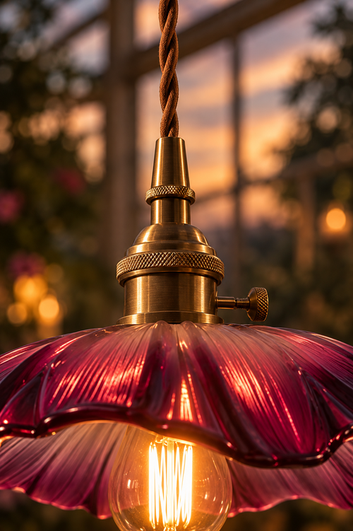 A close-up of a hanging pendant light with a ribbed burgundy glass shade, brass metal fixture, and glowing warm bulb against a softly blurred outdoor sunset background.