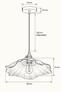 Black and white line drawing of a hanging pendant light with dimension labels showing canopy width 10 cm, cord length 120 cm adjustable, shade width 28 cm, shade height 13 cm, and shade depth 10 cm.