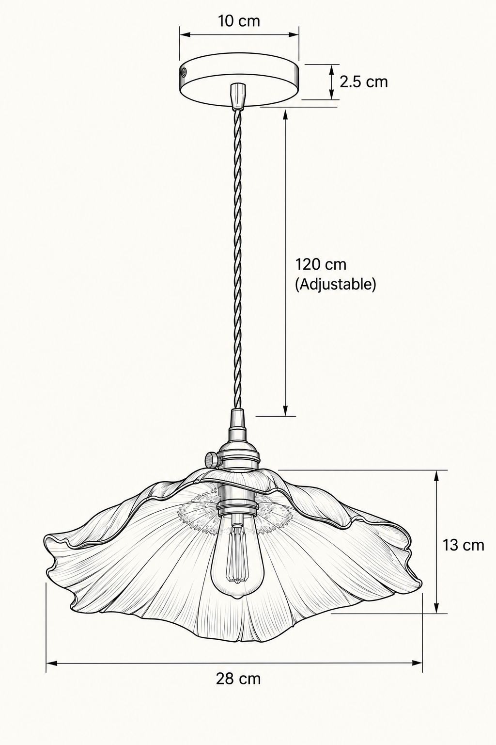 Black and white line drawing of a hanging pendant light with dimension labels showing canopy width 10 cm, cord length 120 cm adjustable, shade width 28 cm, shade height 13 cm, and shade depth 10 cm.