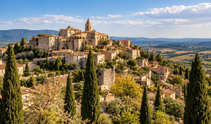 A scenic landscape photograph of a Provence market town,  one of the regional emblems of Provence-Alpes-Côte d'Azur. A town with warm beige stone buildings, tall dark cypress trees, rolling green hills and a blue sky with scattered clouds.