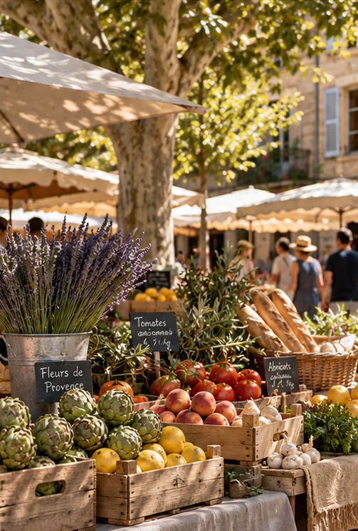A rustic outdoor farmers market stall in aix en provence marketfilled with fresh produce, including artichokes, tomatoes, lemons, garlic, and a large bucket of lavender. Handwritten chalkboard signs display the products, with a blurred background of market umbrellas and trees.