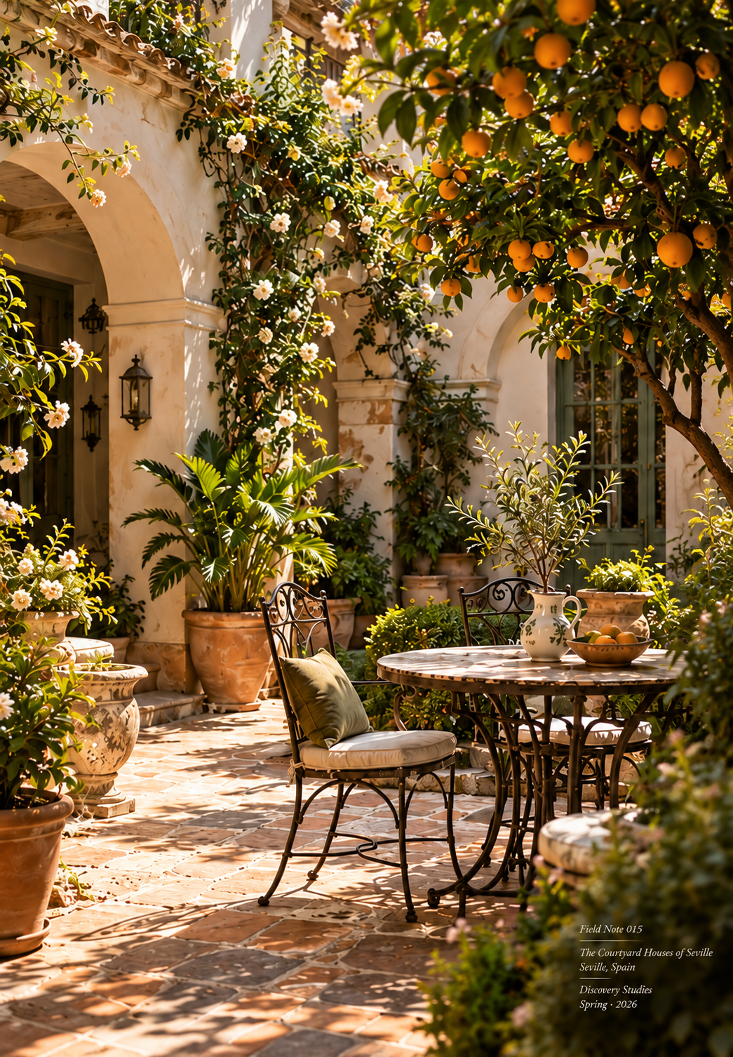 A sunlit Mediterranean-style courtyard patio with stone flooring, white stucco arches, potted plants, climbing vines, and an orange tree laden with oranges. A round stone dining table with black wrought-iron chairs is placed in the foreground, surrounded by lush greenery and flowers.