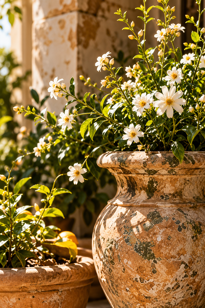 A large terracotta urn planter filled with white daisy-like flowers and green foliage, set in a sunlit outdoor or porch setting with another planter partially visible in the foreground.