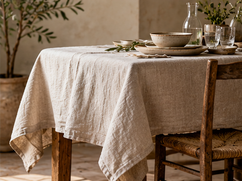 A light beige linen tablecloth draped over a rustic wooden dining table, styled with ceramic bowls, plates, drinking glasses, and greenery, set in a warm, sunlit room with potted plants.