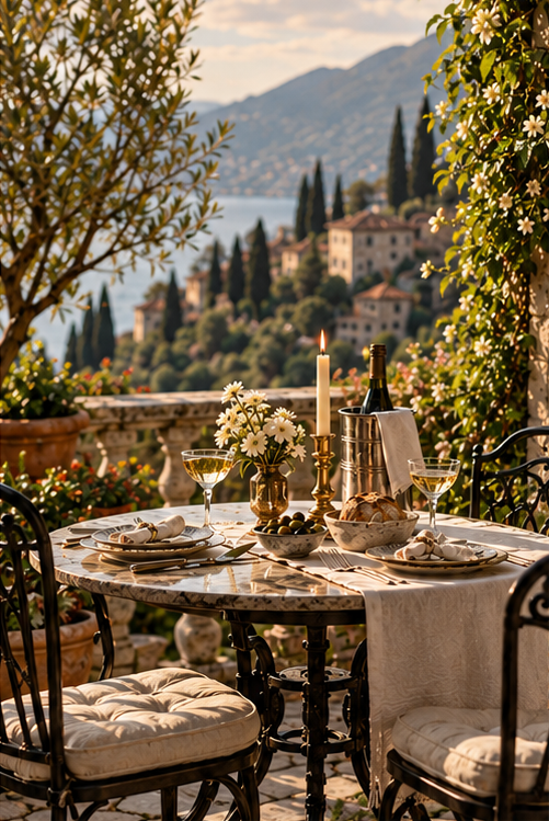 Lake Como, a scenic sea and town. A terrace with a dining table set with plates, wine glasses, candles, bread, and a bottle of wine, surrounded by chairs, overlooking a scenic lake and hillside town in the background.