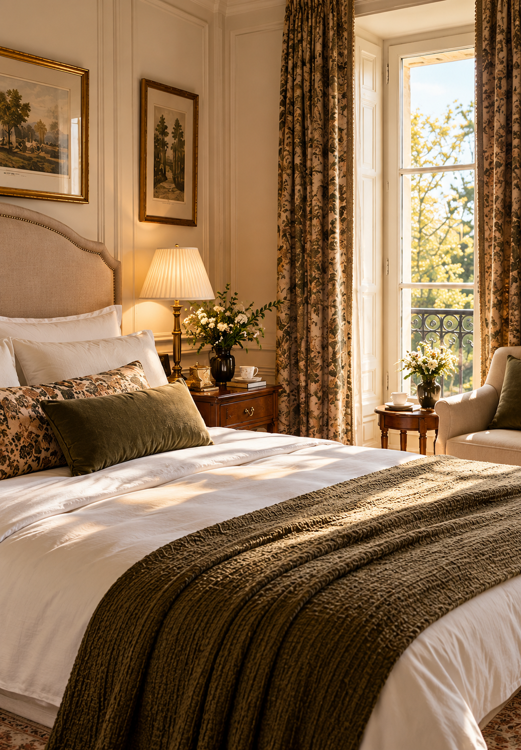 A beautifully styled bedroom featuring a bed dressed in crisp white linens with a textured olive green throw blanket and matching accent pillows. The room is decorated with classic floral-patterned curtains, a warm bedside table with a lamp and flowers, and framed artwork on the cream paneled walls, all bathed in warm natural sunlight from a large window.