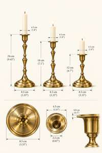 Three brass candlesticks of different heights shown with labeled dimensions and candle sizes on a light beige background. The set includes a 24 cm tall one, an 18 cm tall one, and a 12 cm tall one, with additional top-down and side-view measurements.