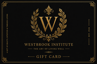 A black gift card featuring an ornate gold crest with a large letter W inside a laurel wreath, with the text 'WESTBROOK INSTITUTE', 'THE ART OF LIVING WELL', and 'GIFT CARD' in gold.