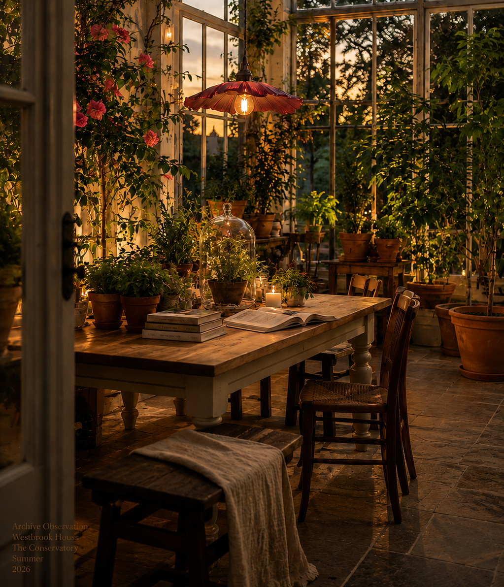 A rustic wooden dining table and chairs inside a sunlit greenhouse with tall glass walls, surrounded by potted plants, climbing roses, books, and a hanging pendant light.