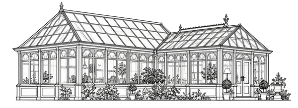 Black and white line art illustration of a Victorian-style glass conservatory with multiple gabled roofs, arched windows, and small potted plants and shrubs in front, shown on a plain white background.