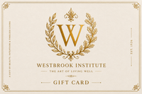 A luxury gift card featuring a gold monogram 'W' inside an ornate laurel wreath, with the text 'WESTROOK INSTITUTE', 'THE ART OF LIVING WELL', and 'GIFT CARD' on a warm cream background.