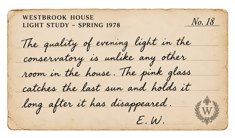 A vintage-style cream card or note with printed text reading 'WESTROOK HOUSE LIGHT STUDY - SPRING 1978' and a handwritten quote, shown against a black background.