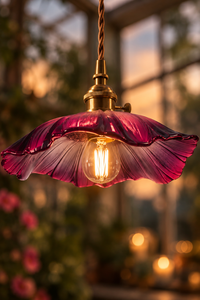 A hanging pendant light with a translucent flower shaped shade in deep magenta and purple tones, glowing with a warm Edison bulb inside, set against a softly blurred outdoor garden background at sunset.