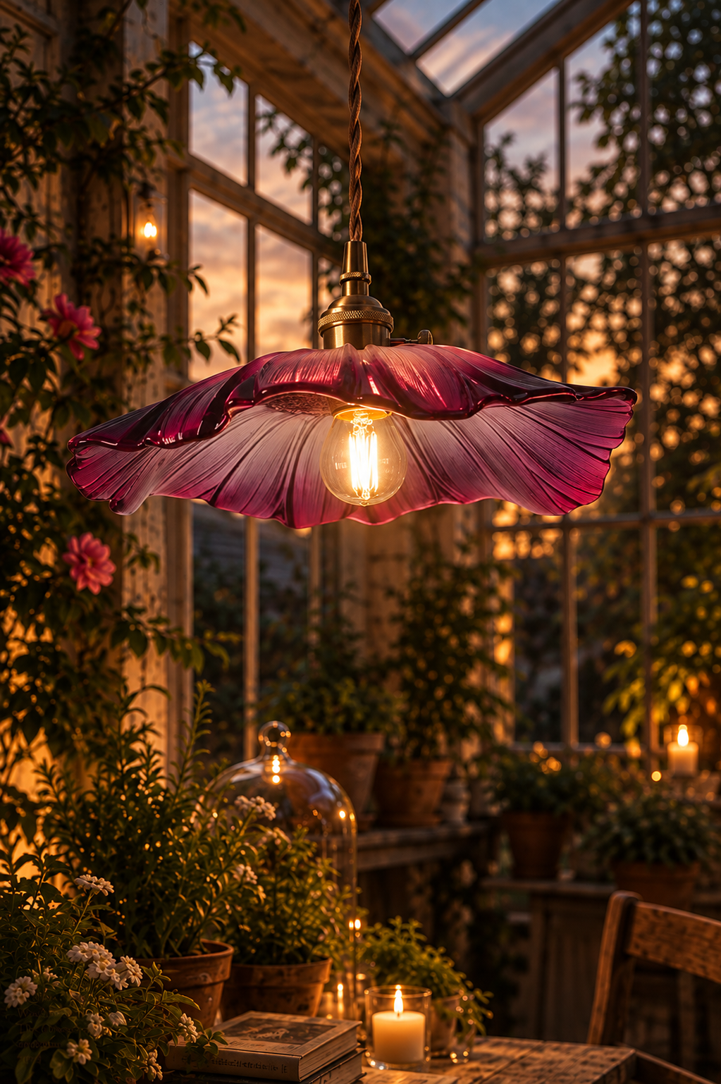 purple hanging lamp in Westbrook House conservatory