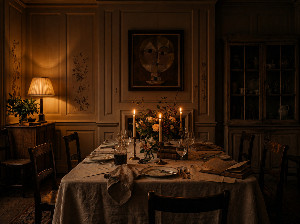A dimly lit dining room with a set table covered in a light linen tablecloth, surrounded by dark wooden chairs. The table is decorated with multiple lit candles, glassware, and a floral centerpiece.