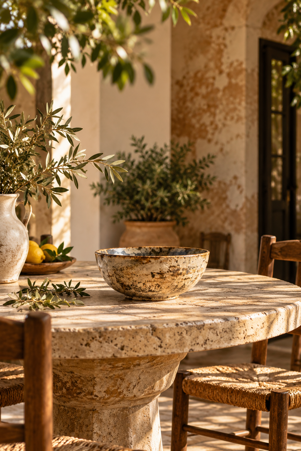 A rustic speckled bowl in beige with brown glaze sits on a round stone table in a sunlit outdoor patio setting with wooden chairs, potted plants, and olive branches.
