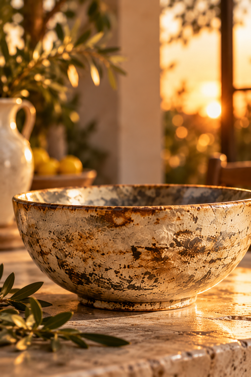 A large rustic ceramic bowl with a textured, speckled beige and brown glaze sits on a stone table in warm golden-hour light, with blurred greenery and a vase in the background.