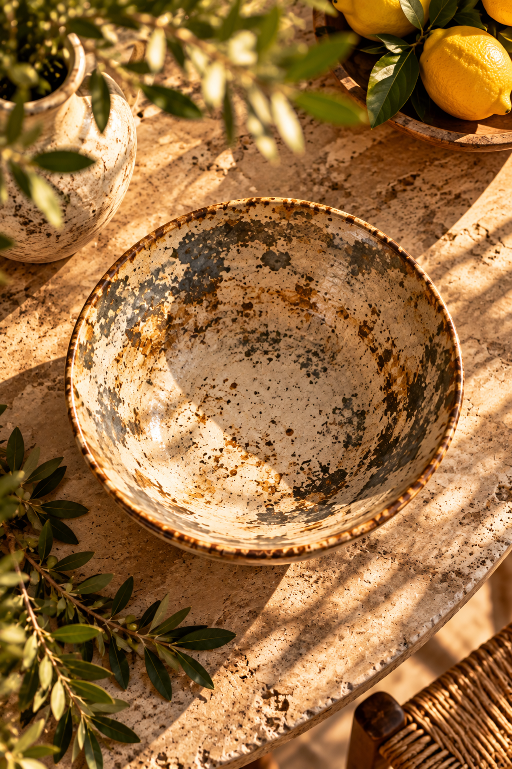 A rustic ceramic bowl with a distressed speckled pattern sits on a stone table, surrounded by olive branches, a vase, and lemons in warm natural sunlight.