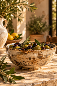 A rustic ceramic bowl filled with green and purple olives on a stone table, styled with olive branches and rosemary in a warm, sunlit Mediterranean setting.