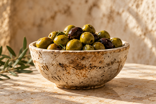 A rustic stone bowl filled with green and black olives, set on a sunlit stone surface with a textured beige wall in the background.