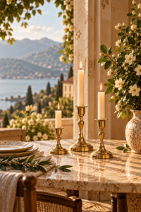 Three lit taper candles in brass candle stick holders arranged on a marble table, with a vase of white flowers and an outdoor lakeside landscape in the background.