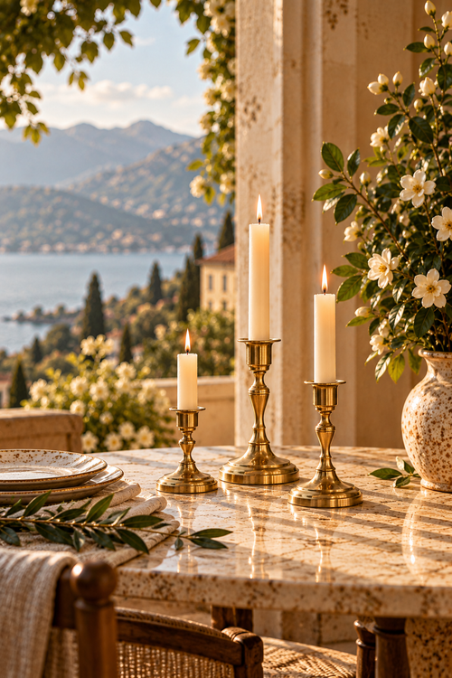Three lit taper candles in brass candle stick holders arranged on a marble table, with a vase of white flowers and an outdoor lakeside landscape in the background.