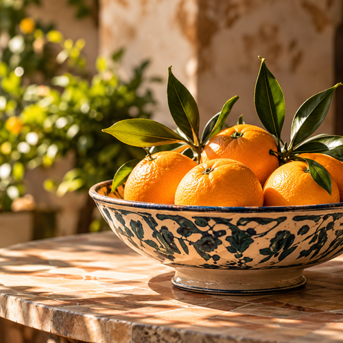 A ceramic berry bowl filled with bright oranges and green leaves, set on a stone table in warm sunlight with a blurred garden background.