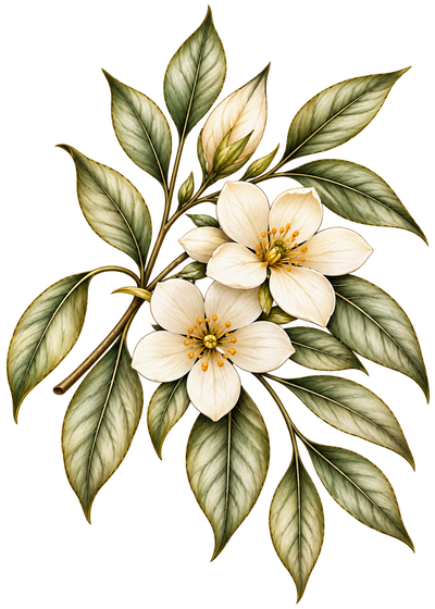 Botanical illustration of a flowering branch with two large cream blossoms, yellow centers, and green leaves on a plain white background.