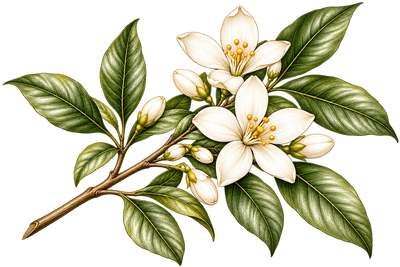 Botanical illustration of a flowering jasmine branch with white blossoms, green leaves and yellow stamens on a plain white background.