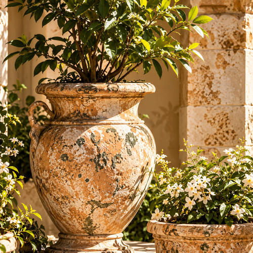 A large distressed terracotta urn-style planter holding a leafy green shrub, set outdoors against a sunlit stone wall with smaller flowering plants nearby.