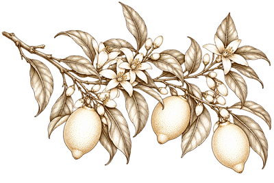 A botanical illustration of a lemon branch with three ripe lemons, detailed leaves, and white blossoms, rendered in a warm sepia and cream color palette on a solid white background.