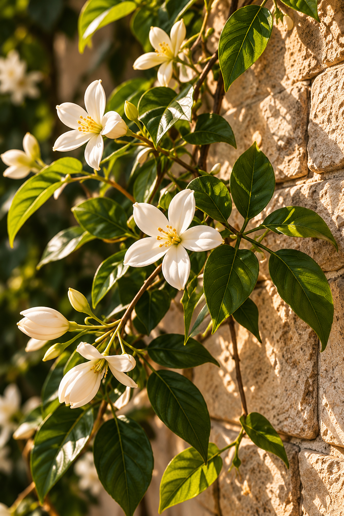 night blooming jasmine. White with yellow centres and dark green leaves climbing against a textured beige stone wall.