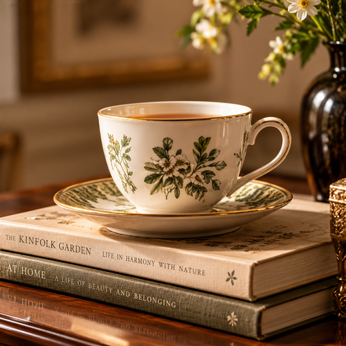 A white ceramic teacup and saucer with green botanical leaf illustrations and gold trim, filled with tea and placed on stacked books in a warm indoor setting.