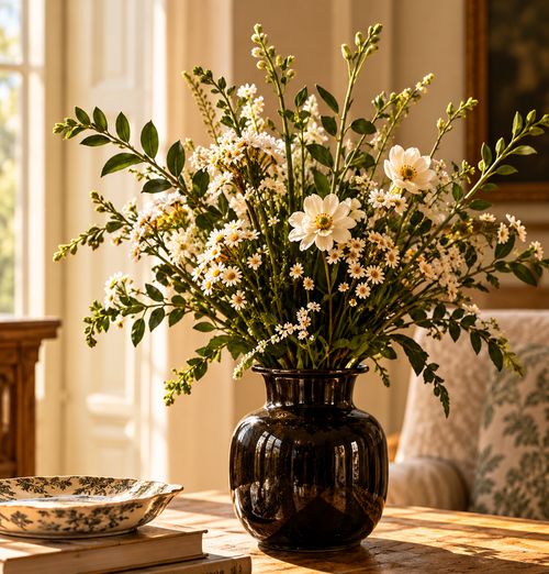 A floral arrangement with white daisy-like flowers and green leaves in a dark glossy ribbed vase, placed on a wooden table in a warm, sunlit room.
